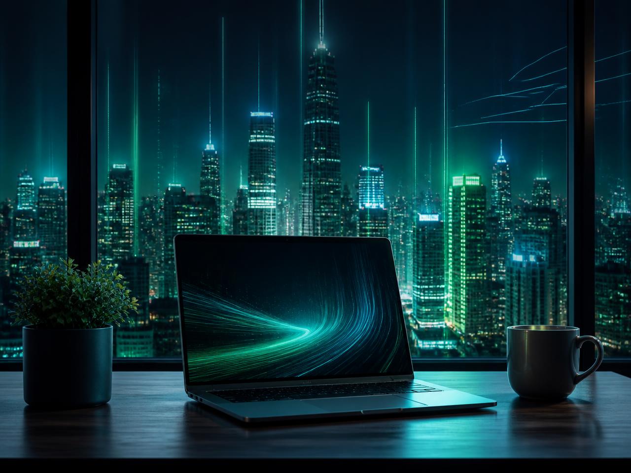 Laptop on a desk in front of a glowing city skyline representing digital transformation